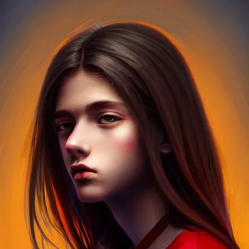 Image similar to colorful and festive captivating teenager with straight brown hair covering his eye, dark skin, big lips, big eyes, wearing a red t - shirt. rich vivid colors, ambient lighting, dynamic lighting, 4 k, atmospheric lighting, painted, intricate, highly detailed by charlie bowater