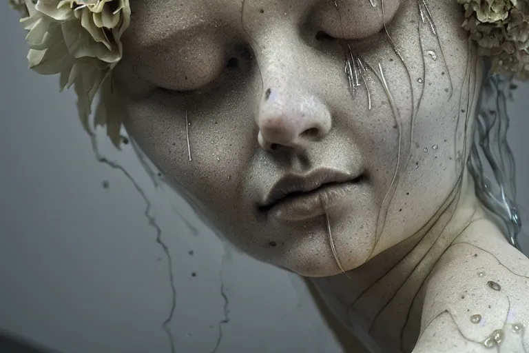 Image similar to the long shot of sculpture of a beautiful woman with flowing tears, fractal flowers on the skin, intricate, a marble sculpture by nicola samori, behance, neo - expressionism, marble sculpture, made of mist, still frame from the prometheus movie by ridley scott with cinematogrophy of christopher doyle, arri alexa, anamorphic bokeh, 8 k