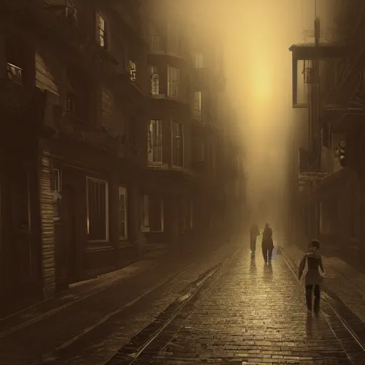 Image similar to victorian city street, dark, misty, at night, 8 k, detailed, concept art, trending on artstation