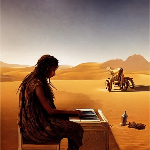 Image similar to UHD photorealistic The Mummy playing piano in the desert by Greg Rutkowski