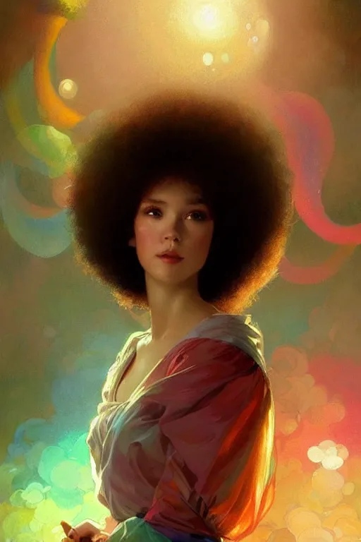 Image similar to bob ross, dreamy and ethereal,, fantasy, intricate, elegant, rainbow bubbles, highly detailed, digital painting, artstation, concept art, smooth, sharp focus, illustration, art by artgerm and greg rutkowski and alphonse mucha