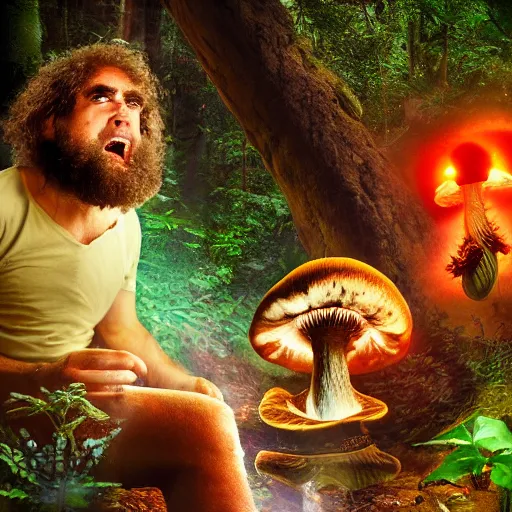 Prompt: caveman discovering magic mushrooms for the first time. 8 k photograph