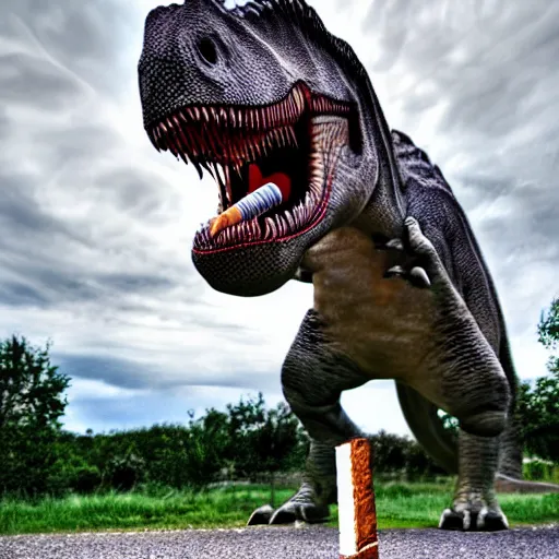 Image similar to a realistic photo of a dinosaur standing on two legs smoking a cigarette in their mouth hdr professional shot, full body