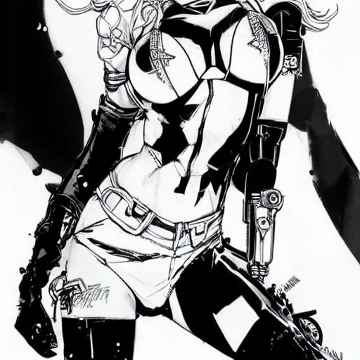 Image similar to dc vertigo Harley Quinn by yoji shinkawa and Ashley wood, black and white, detailed