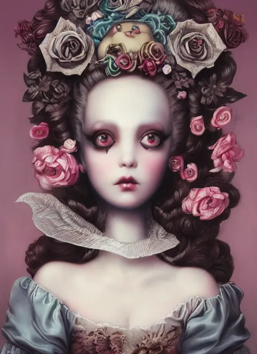 Image similar to pop surrealism, lowbrow art, realistic marie antoinette painting, japanese street fashion, hyper realism, muted colours, rococo, natalie shau, loreta lux, tom bagshaw, mark ryden, trevor brown style,