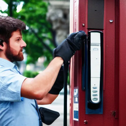 Image similar to man talking on a pay phone when a boot or foot comes through the receiver of the phone handset and kicks him in the ear