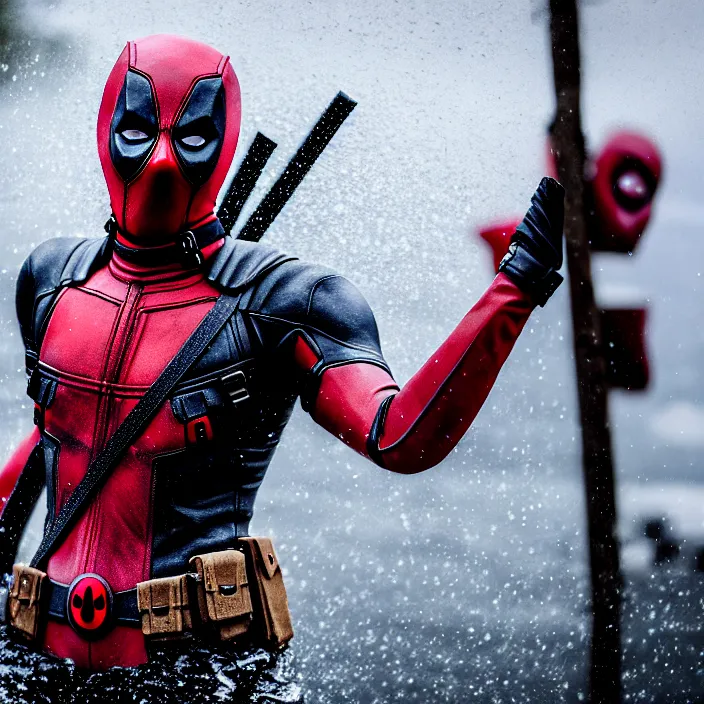 Prompt: fully body pose, photo of a very beautiful!! victoria secret model, deadpool mask, wet hair, raining, 8 k, hdr, smooth, sharp focus, high resolution, award - winning photo, trending on artstation, dslr, 5 0 mm