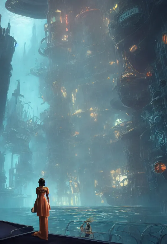 Prompt: a concept art painting of art deco bioshock style underwater city with a woman with back to camera looking out of a window by tuomas korpi, pablo carpio, gilles beloeil, cedric peyravernay, 1 9 6 0's, trending on artstation, highly detailed, atmospheric, directional lighting, cinematic