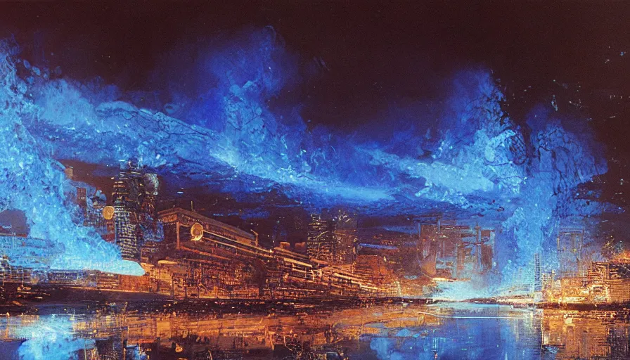 Prompt: river of blue fire, intricate detailed painting, cityscape, john harris