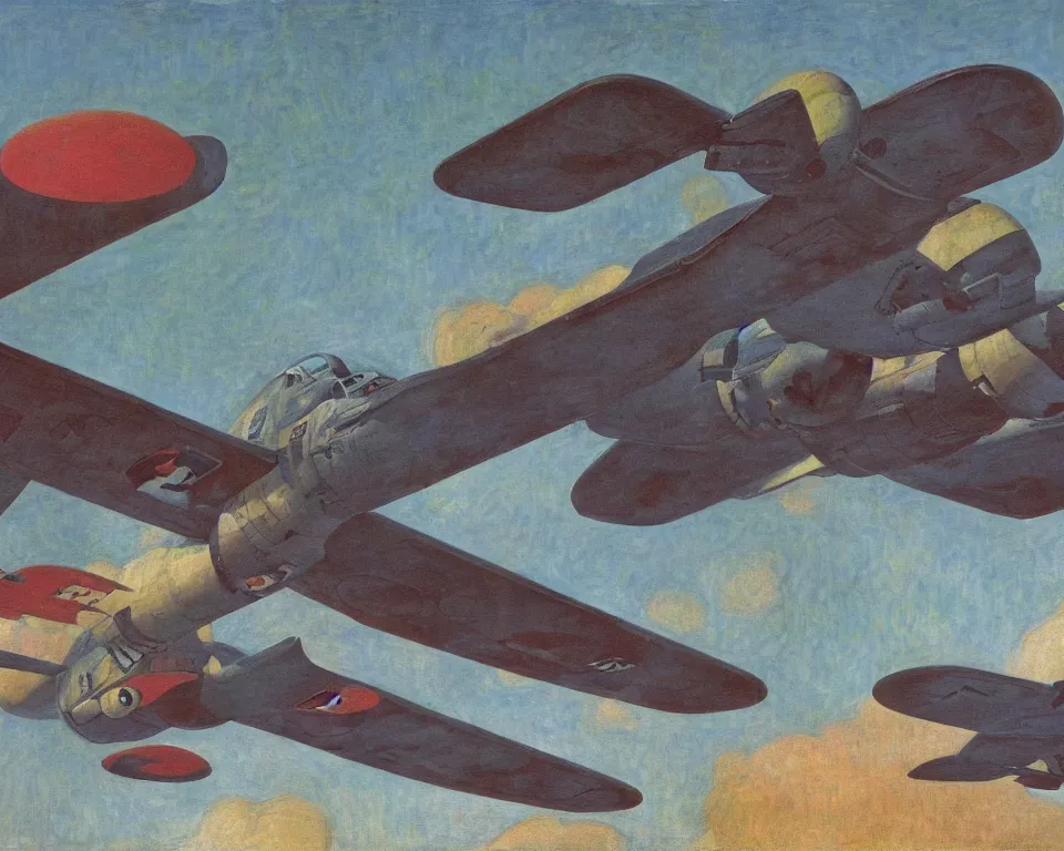 Prompt: an abstract, flat side view of an B-17 Flying Fortress. intricate, vibrant, Raphael, Monet, Rene Margritte.