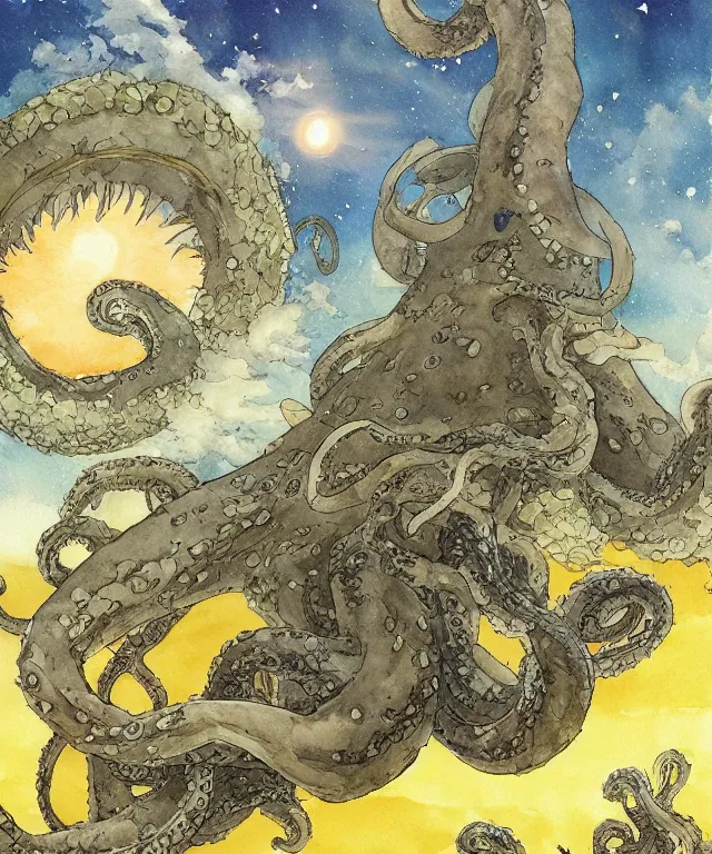 Image similar to a hyperrealist studio ghibli watercolor fantasy concept art. in the foreground is a giant grey octopus lifting and putting stones in to place on top of stonehenge with a starry sky. by rebecca guay, michael kaluta, charles vess