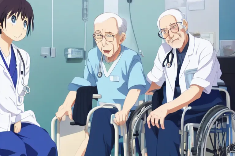 Prompt: a cute young female doctor wearing white coat, an old man of 80 years wearing blue T-shirt in a wheelchair, hospital ward, slice of life anime, cinematic, realistic, anime scenery by Naoshi Arakawa:8 and Makoto shinkai