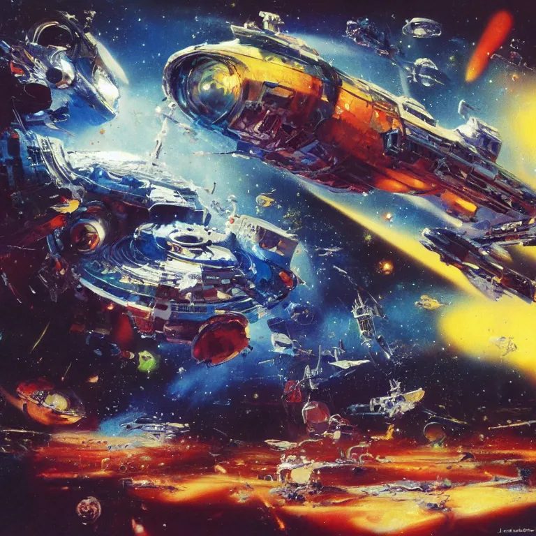 Prompt: spaceship that looks like the kool-aid man bursting into hyperspace, by John Berkey, concept art, space