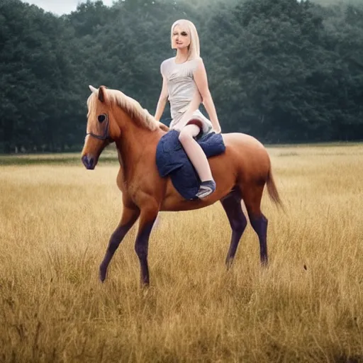 Image similar to cute annie leonhart riding a minecraft horse in a field, beautiful face, pale skin, rule of thirds, cinematic lighting, rainy weather, melancholy atmosphere, sharp focus, backlit, stunning, smooth, hard focus, full body shot, instagram photo, shot on sony a 7 iii, hyper realistic