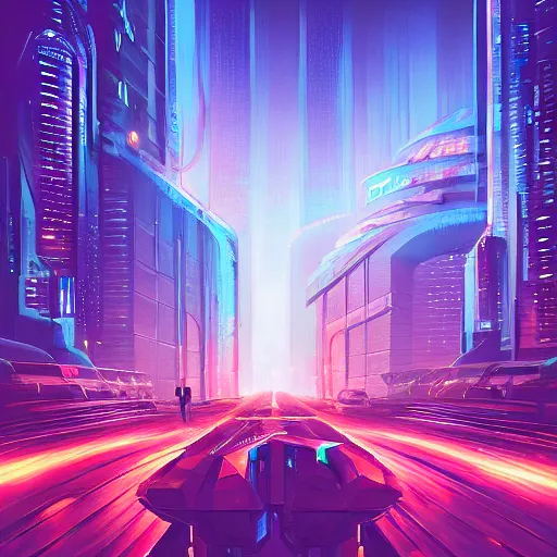 Image similar to a beautiful matte masterpiece of futuristic cyber punk city at night by rhads, trending on artstation, featured on behance, intricate, rectilinear.