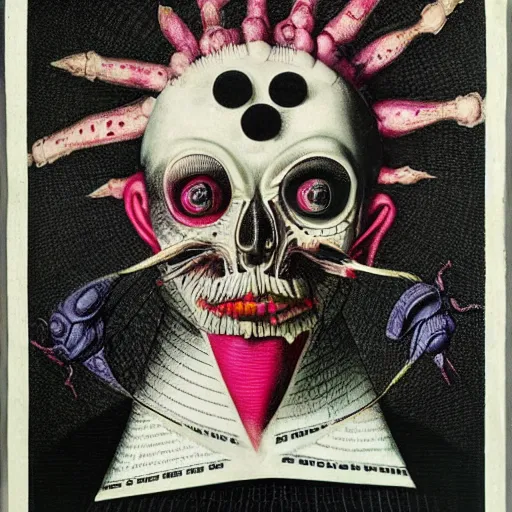 Image similar to post - punk album cover, asymmetrical design, dollar bank, new age, apocalypse, psychedelic, black white pink, magic, giger h. r., giuseppe arcimboldo