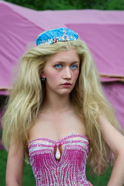 Image similar to a princess with long blonde hair and light blue eyes wearing a strapless elaborately beaded pink dress standing next to a canvas army tent, high resolution film still, 8k, HDR color, film by Simon Langton and David Frankel, triangular face, very light freckles, round narrow chin, straight jawline, natural lips, high cheekbones, beautiful gazing eyes