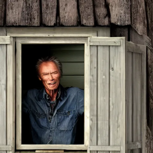 Image similar to clint eastwood peaks out of the window of an outdoor hut, realistic, hdr, hdd ; 8 k, movie still,