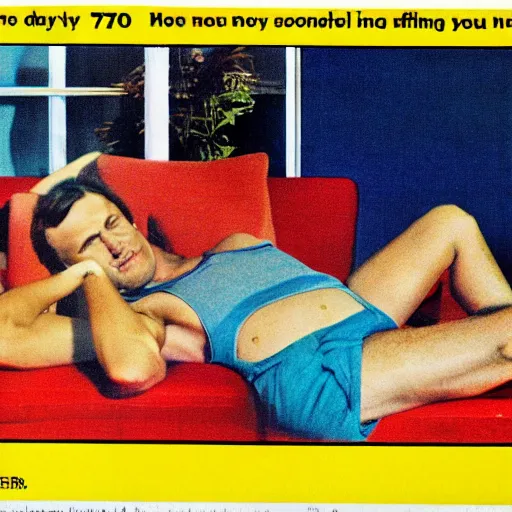 Image similar to lazy guy lying on the couch and doing nothing, 7 0 s advertisement, colorful