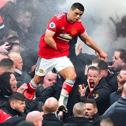 Prompt: highly detailed rending of ronaldo being dragged out old trafford by man united by rioting fans after they get relegated from the premier league, highly detailed face, 8 k, accidentally renascence