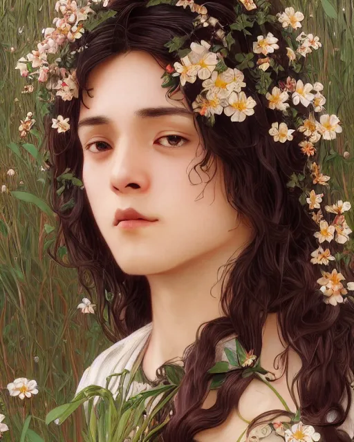 Image similar to 3 / 4 portrait, young male spring god, brown skin, long dark hair, flower dress, beautiful, flowers, detailed field background, elaborate jewelry, artstation, ilya kuvshinov, alphonse mucha, william bouguereau, rossdraws, greg rutkowski, super detailed, illustration, realistic, octane render, sharp focus, cinematic, 8 k