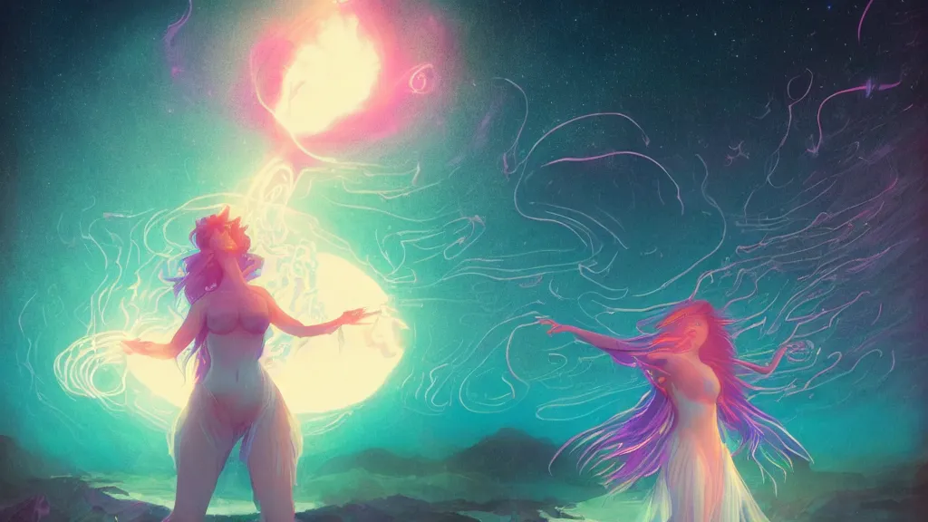 Image similar to one beautiful whimsical goddess standing in a lake basking in the moonlight, casting a spell, underneath a multi-colored binary blackhole with an accretion disc, glowing trails following her arms, acidwave, by Lois van Baarle, by Greg Rutkowski, by artgerm, by beeple, by studio ghibli, cinematic angle, volumetric lighting, 4k resolution, octane render, trending on artstation, masterpiece