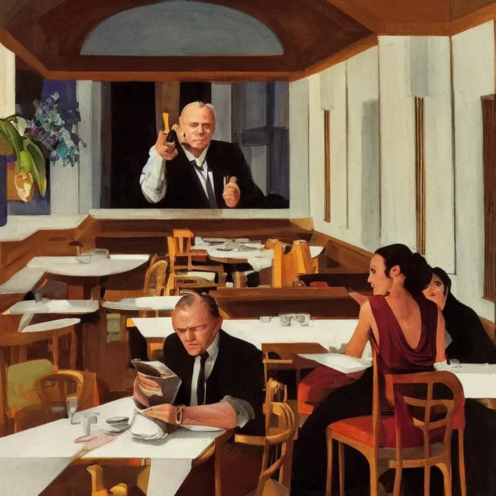 Image similar to Anthony Hopkins reading newspaper at the restaurant packed with women that look like Gal Gadot, art deco interior, skylight open ceiling, designed by Frank Lloyd Wright, highly detailed, painted by Edward Hopper, painted by James Gilleard