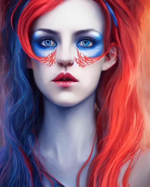 Image similar to A detailed matte oil on canvas head on symmetrical portrait of a beautiful distinguished elven woman with split red and blue hair on an empty background, by Charlie bowater, Wlop, trending on artstationhd, dungeons and dragons art, parted hair , half blue, half red , split dye, critical role