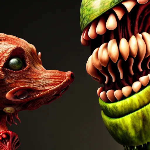 Image similar to beautiful digital fantasy illustration of alien fruit, a creepy dog attacking a stuffed animal, octane render, detail texture, unreal engine, 8 k, a surrealist sculpture by ryohei hase, ultra hyper realistic quality, marble sculptures