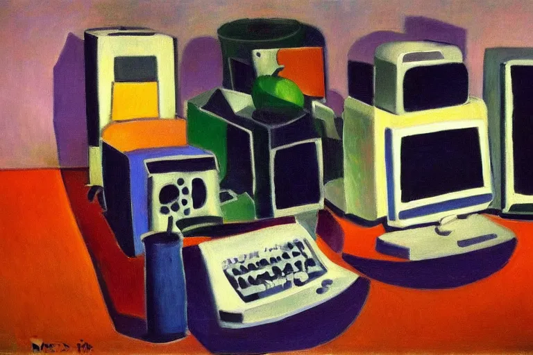 Image similar to still life painting of vintage computers by Henri Matisse, oil on canvas, strong lighting, highly detailed, hyper realism, HD, 4K