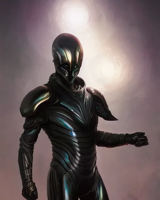 Image similar to iridescent sinewy smooth muscular male sleek glossy black pearlescent scifi armor with smooth black featureless helmet, by greg rutkowski, jim burns, tom bagshaw, magali villeneuve, trending on artstation