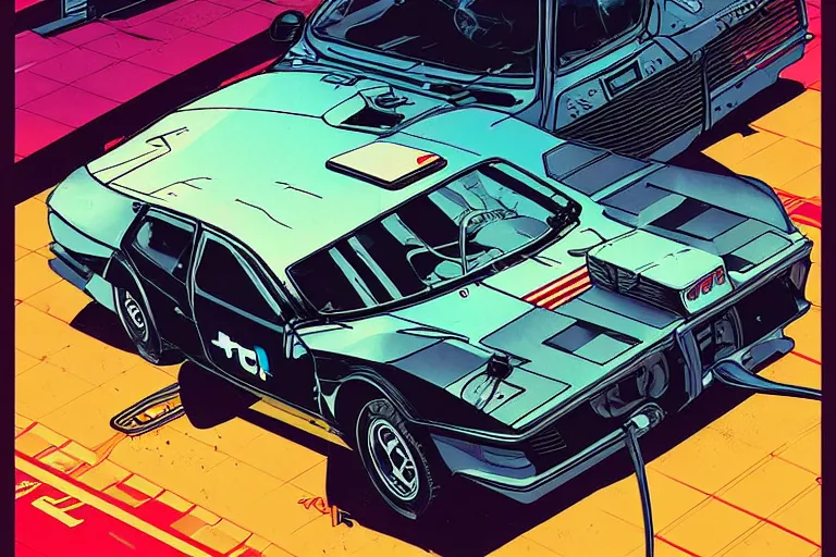 Prompt: Poster Illustration of 1975 Citroen DM BMW M1 Stratos, neo-Tokyo, Akira Color Palette, Inspired by Akira + MGS2 + FLCL, 8k :4 by Vincent Di Fate + Arc System works + Katsuhiro Otomo 1975 Citroen DM BMW M1 Stratos, city in anime cyberpunk style by Hayao Miyazaki