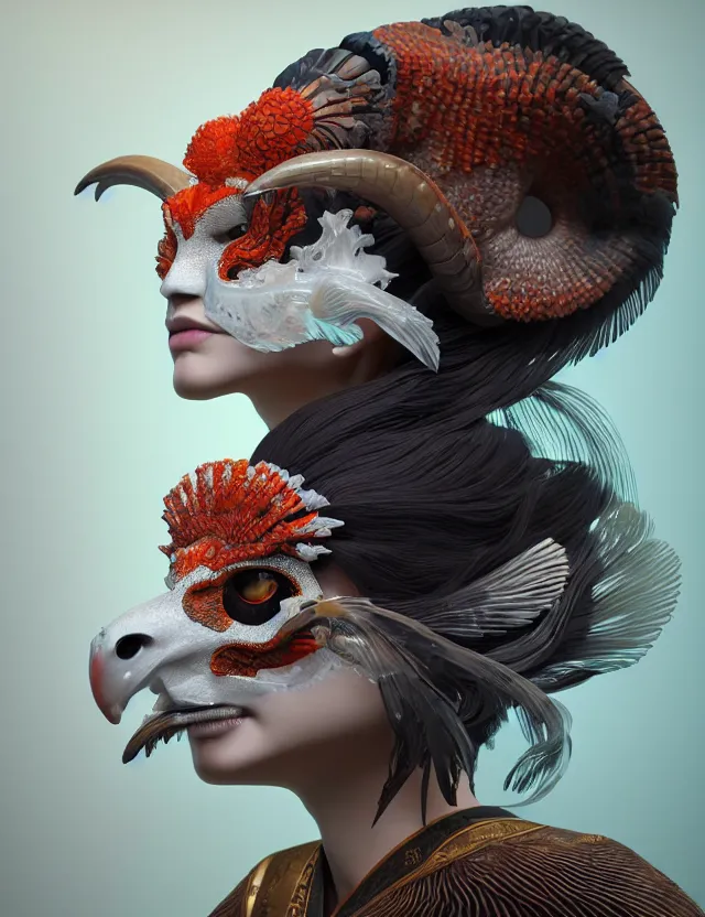 Image similar to 3 d scene of interior modelling goddess close - up profile portrait with ram skull. beautiful intricately detailed japanese crow kitsune mask and clasical japanese kimono. betta fish, jellyfish phoenix, bio luminescent, plasma, ice, water, wind, creature, artwork by tooth wu and wlop and beeple and greg rutkowski