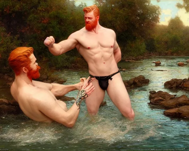 Prompt: handsome tattooed ginger gym bro bathes in the river, painting by artgerm, gaston bussiere, craig mullins, j. c. leyendecker, tom of finland