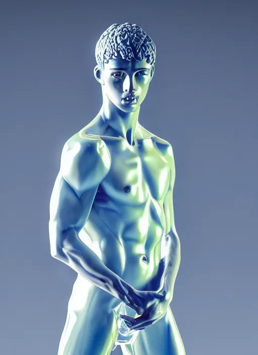 Prompt: a statue of a young fit man made of transparent glass, dressed, by philippe starck and victoria hagan, cinematic lighting, soft light, iridescent reflections, detailed digital photography by rutkovski and beksinski, masterpiece, gorgeous, 4 k