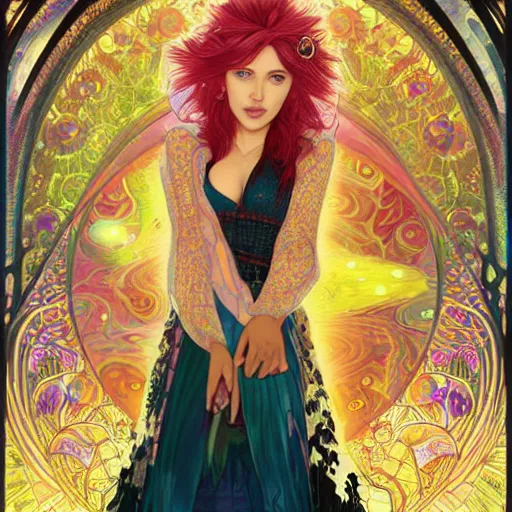 Prompt: psychedelic, intricate, highly detailed, anime, 4k, beautiful Scarlett Johansson as a seductive woman holding a crystal containing the universe, with professional makeup, long trippy hair, surrounded by gems, underneath the stars, trending on patreon, deviantart, twitter, artstation, volumetric lighting, heavy contrast, by artgerm and Ilya Kuvshinov and alphonse mucha