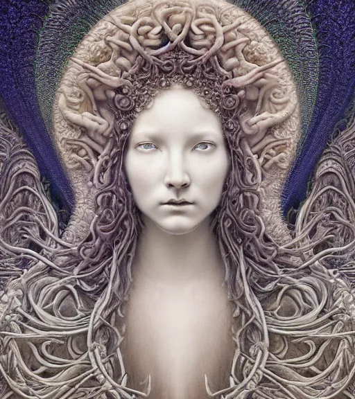 Image similar to detailed realistic porcelain beautiful moon goddess face portrait by jean delville, gustave dore, iris van herpen and marco mazzoni, art forms of nature by ernst haeckel, art nouveau, symbolist, visionary, gothic, neo - gothic, pre - raphaelite, fractal lace, intricate alien botanicals, ai biodiversity, surreality, hyperdetailed ultrasharp octane render