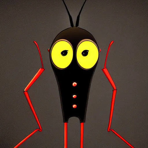 Prompt: digital art of a full body character design symmetrical thin cockroach cartoon character with long antennae, wearing a black suit by anton fadeev from nightmare before christmas