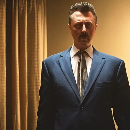 Image similar to Igor Ghirkin Strelkov as The American Psycho doing the Bateman stare, cinematic still