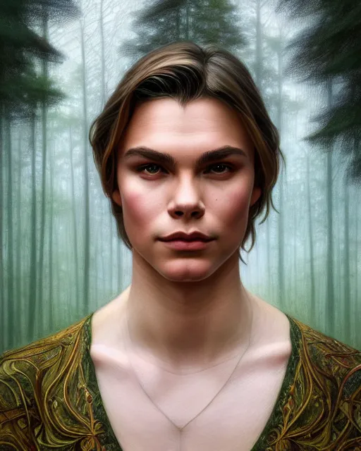 Prompt: symmetry portrait of brunette magical prince, river phoenix, kurt cobain, renaissance, glass skin, forest background, intricate, elegant, highly detailed, digital painting, artstation, concept art, smooth, sharp focus, illustration, art by artgerm and greg rutkowski and fra angelico and alphons mucha