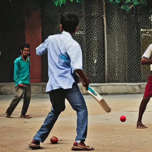 Prompt: a man playing street cricket with friends in indian, with the wickets visible, extremely detailed, high human appeal, real life image, national geographic award winning image, taken from dslr