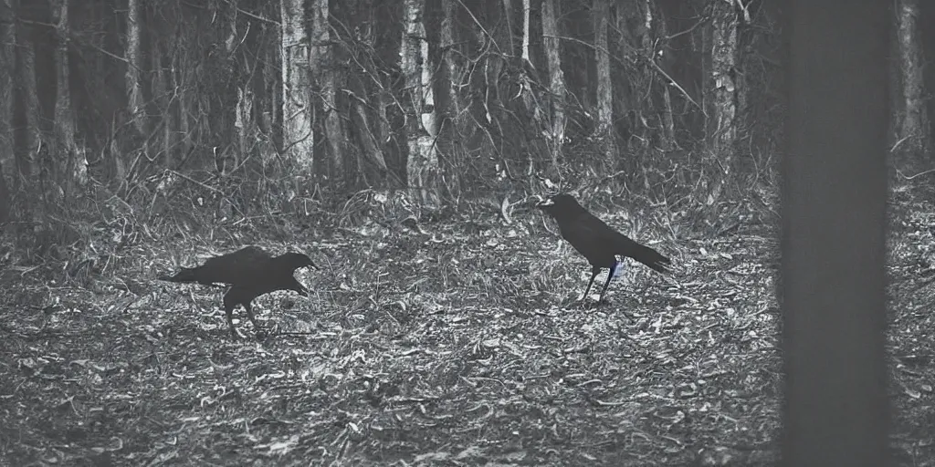 Image similar to mixture between an!! crow and! wolf, photograph captured in a dark forest