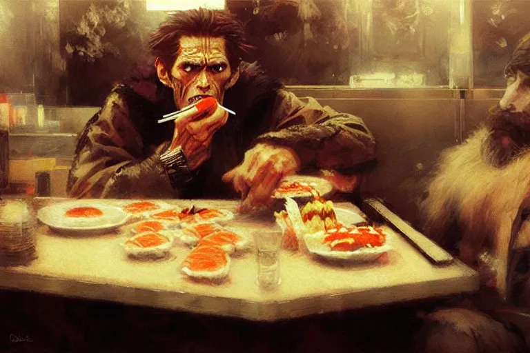 Prompt: willem dafoe eating sushi in a gas station, portrait dnd, painting by gaston bussiere, craig mullins, greg rutkowski, yoji shinkawa
