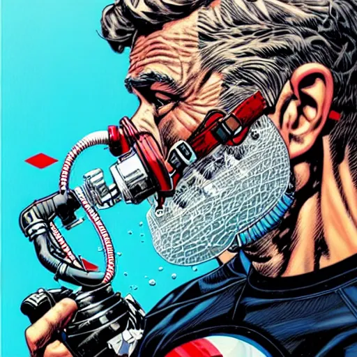 Image similar to a profile photo of an old man with a diving oxygen mask with side profile blood in ocean intricate details by MARVEL comics and Sandra Chevrier-C