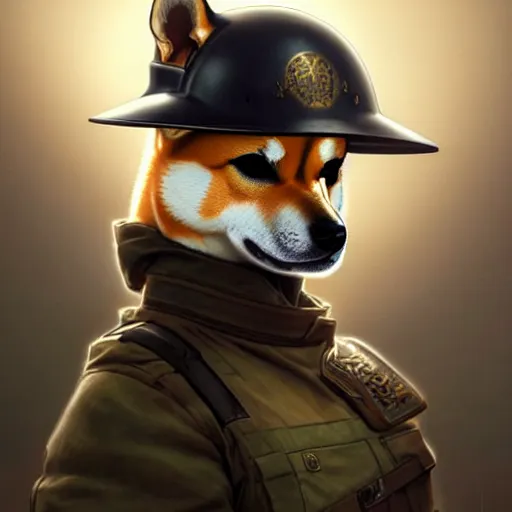 Image similar to side portrait painting of a cute shiba inu soldier with military helmet, ultra realistic, concept art, intricate details, eerie, highly detailed, photorealistic, octane render, 8 k, unreal engine. art by artgerm and greg rutkowski and charlie bowater and magali villeneuve and alphonse mucha