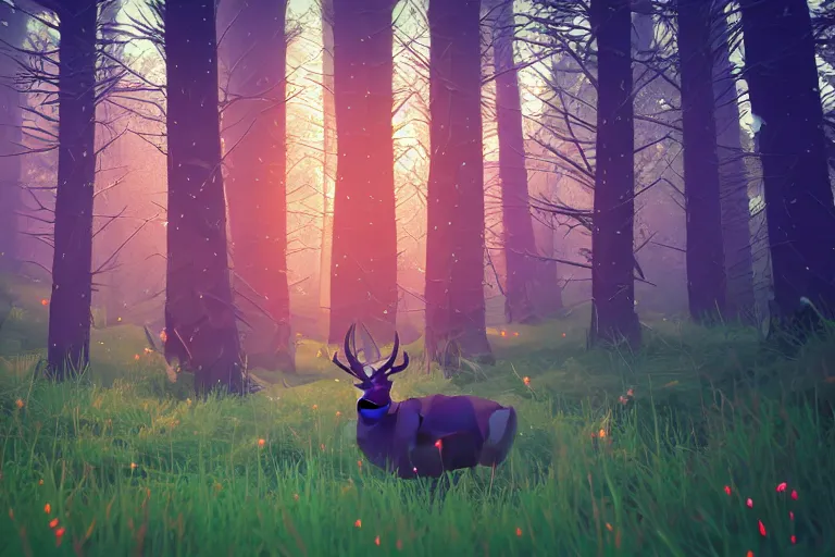 Image similar to lowpoly art of red deer in an undergrowth, unreal engine, retrowave color palette, 3 d render, lowpoly, colorful, digital art, perspective