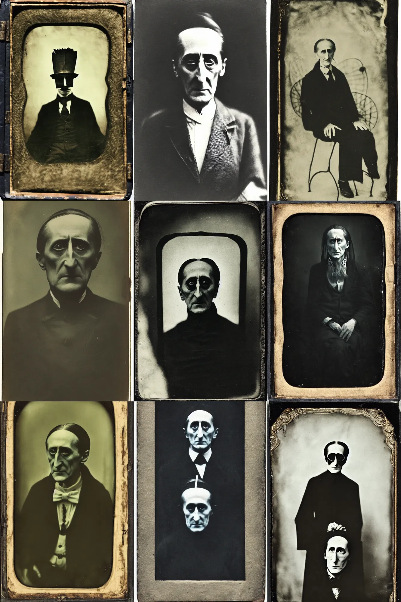 Prompt: tintype portrait of marcel duchamp in a dark cult leader costume