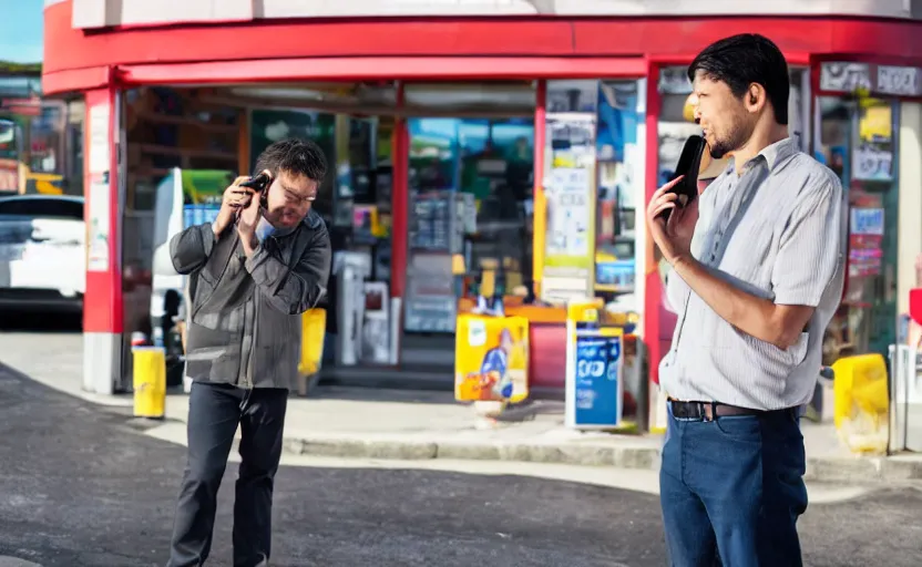 Image similar to A man talking on a phone outside a convenience store on a sunny afternoon, promotional shot