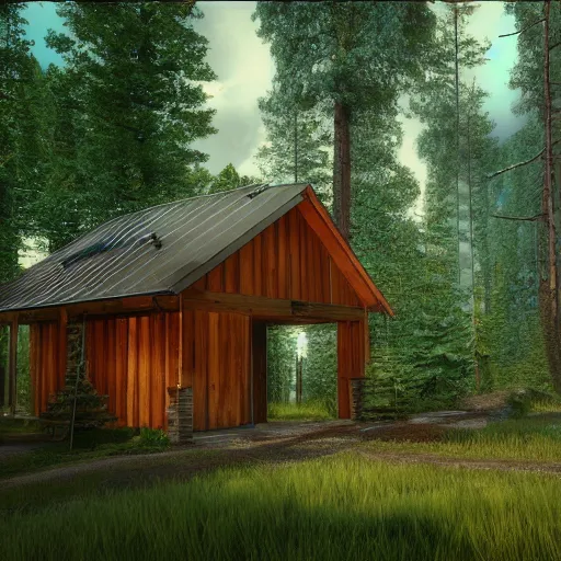 Image similar to a ultra realistic blue lightning arc over a cabin in the wood. complex, highly detailed, unreal engine 5, 8 k render