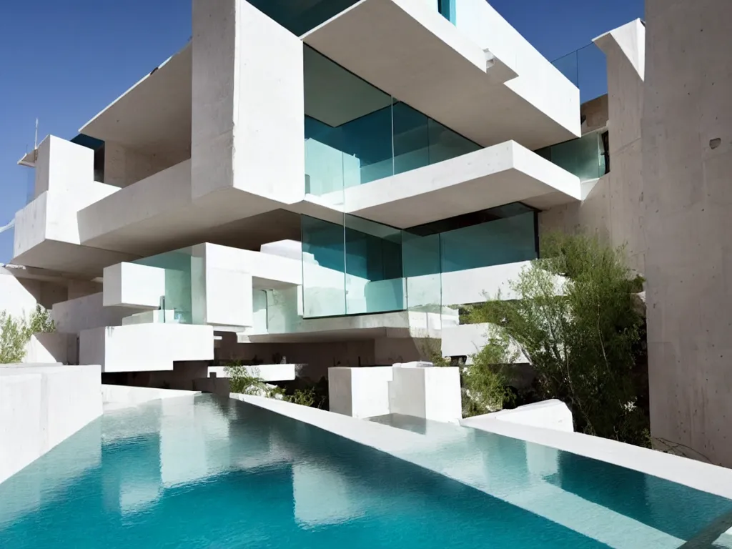 Prompt: habitat 6 7, white terraced architecture house in the dessert, many plants and infinite pool, colorful glass wall, joyful people